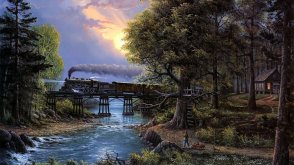 Jesse Barnes Art Train Tree Sunset River.jpg
